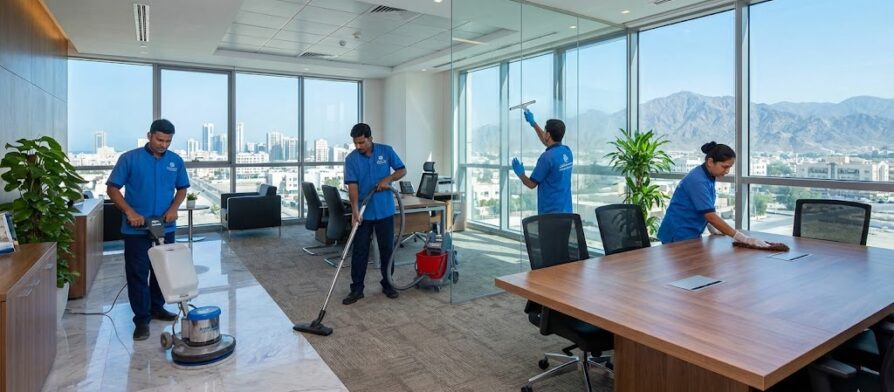 فريق عمل شركة تنظيف مكاتب في الفجيرة يقوم بتنظيف وجلي الأرضيات ومسح الزجاج داخل مكتب حديث يطل على جبال الفجيرة.