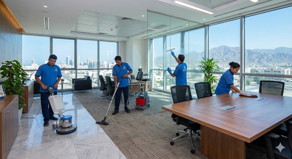 فريق عمل شركة تنظيف مكاتب في الفجيرة يقوم بتنظيف وجلي الأرضيات ومسح الزجاج داخل مكتب حديث يطل على جبال الفجيرة.