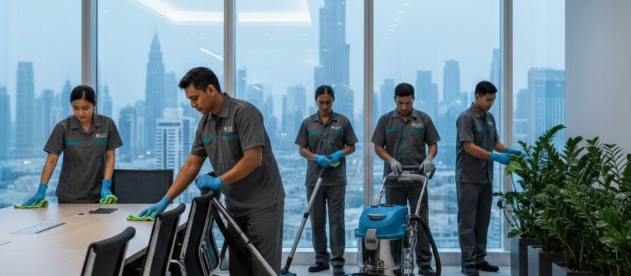 فريق عمل شركة تنظيف مكاتب في دبي يقوم بتنظيف غرفة اجتماعات فاخرة باستخدام معدات حديثة، مع إطلالة بانورامية على برج خليفة.
