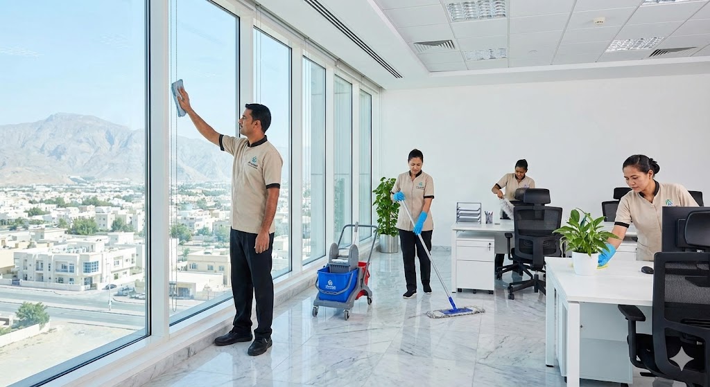 فريق عمل من شركة تنظيف مكاتب في راس الخيمة يقوم بتنظيف الواجهات الزجاجية والمكاتب الداخلية المطلة على جبال رأس الخيمة.