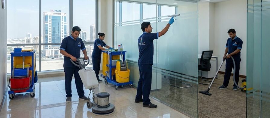 فريق عمل شركة تنظيف مكاتب في عجمان يقوم بتلميع الأرضيات وتنظيف الفواصل الزجاجية وكنس السجاد داخل مقر إداري حديث.