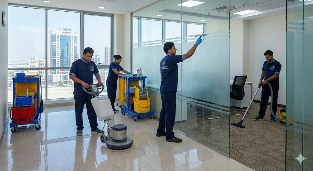 فريق عمل شركة تنظيف مكاتب في عجمان يقوم بتلميع الأرضيات وتنظيف الفواصل الزجاجية وكنس السجاد داخل مقر إداري حديث.