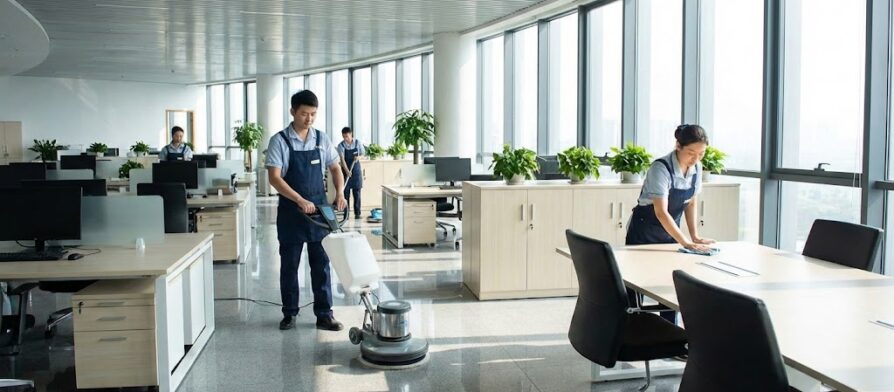 فريق عمل محترف من أفضل شركة تنظيف مكاتب في العين يقوم بتنظيف وتلميع الأرضيات والمكاتب الإدارية باستخدام معدات حديثة لضمان بيئة عمل مثالية.