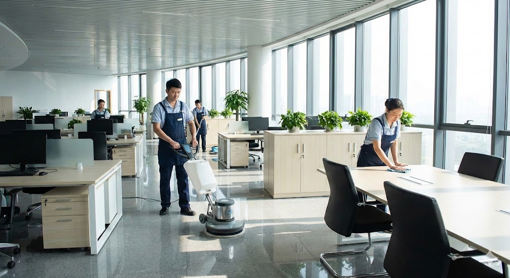 فريق عمل محترف من أفضل شركة تنظيف مكاتب في العين يقوم بتنظيف وتلميع الأرضيات والمكاتب الإدارية باستخدام معدات حديثة لضمان بيئة عمل مثالية.