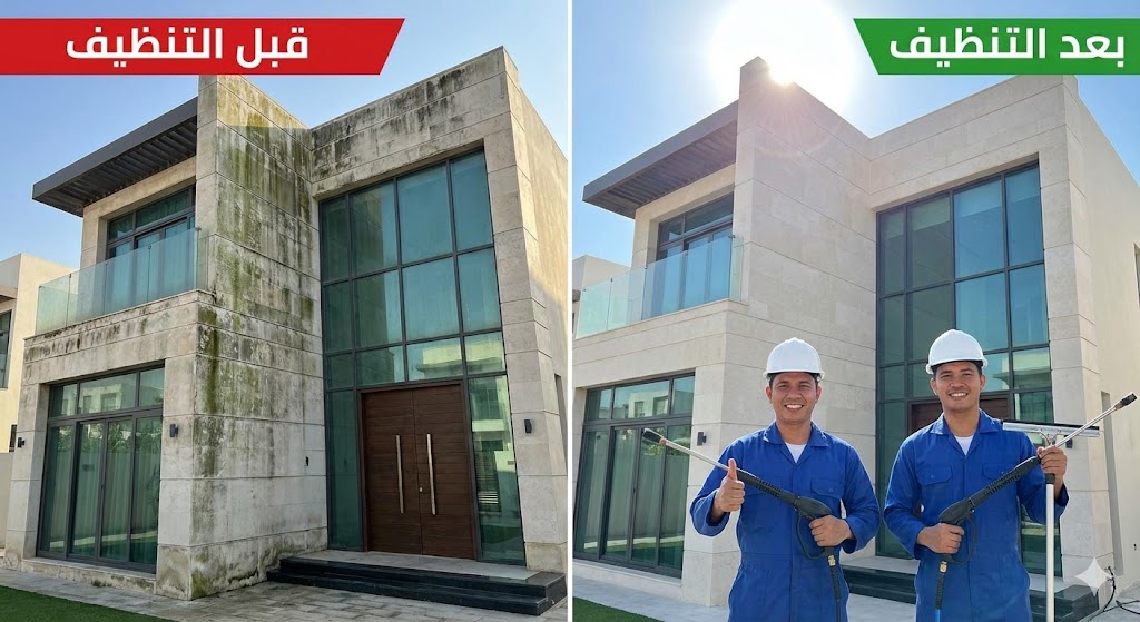 صورة مقارنة قبل وبعد تظهر إزالة الأتربة والبقع من واجهة فيلا حجرية وزجاجية بوجود عاملين مبتسمين، مما يوضح جودة خدمات تنظيف فلل والمنازل راس الخيمة في غسيل الواجهات الخارجية.