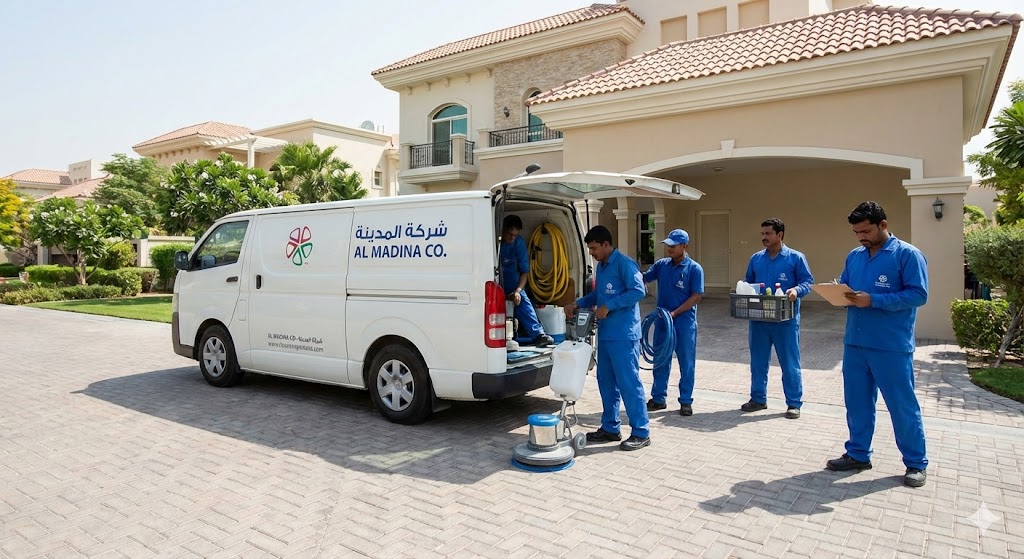 فريق عمل شركة المدينة، إحدى أبرز شركات تنظيف الكنب في عجمان، يقوم بتجهيز معدات التنظيف المتطورة من سيارة الشركة أمام فيلا فاخرة، استعداداً لتقديم خدمة غسيل كنب ومجالس شاملة