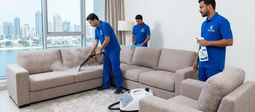 فريق عمل شركة تنظيف مفروشات في الشارقة (شركة المدينة) يقوم بغسيل كنب قماشي باستخدام جهاز البخار في شقة سكنية راقية تطل على أبراج المدينة.