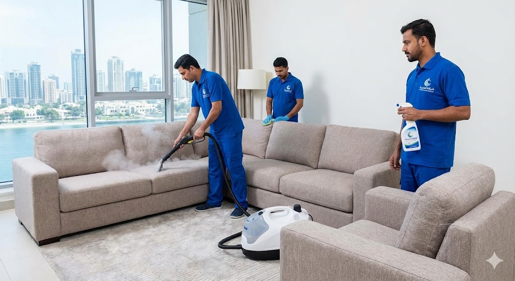 فريق عمل شركة تنظيف مفروشات في الشارقة (شركة المدينة) يقوم بغسيل كنب قماشي باستخدام جهاز البخار في شقة سكنية راقية تطل على أبراج المدينة.