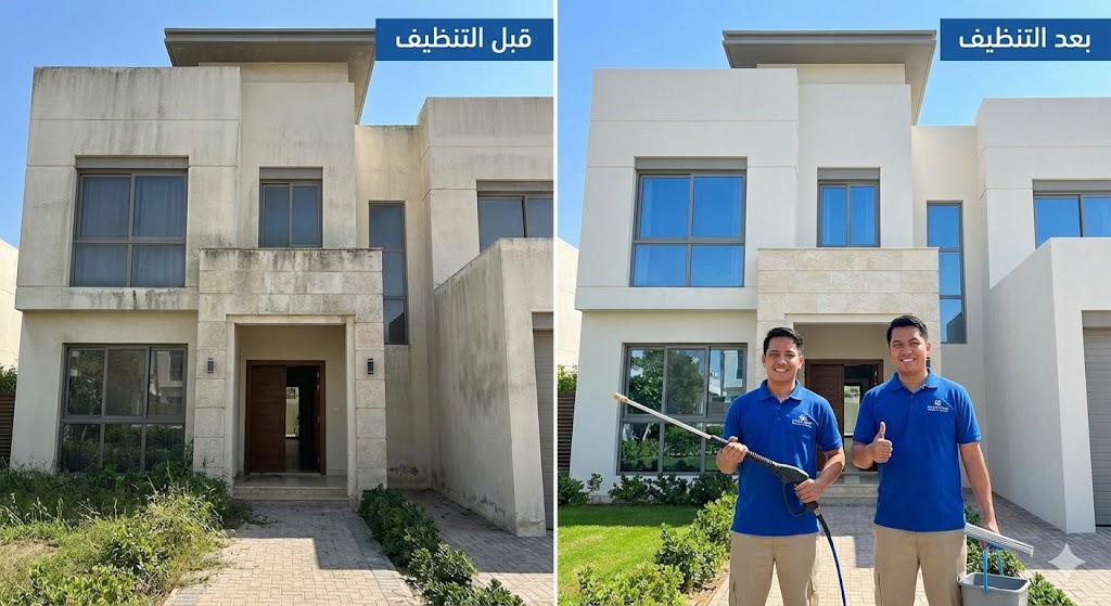 صورة مقارنة قبل وبعد تظهر إزالة الأتربة والبقع من الجدران الخارجية والنوافذ، مما يبرز احترافية خدمات تنظيف فلل الشارقة في تلميع الواجهات واستعادة رونقها.