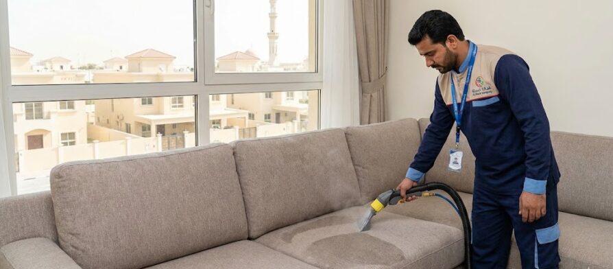 فني محترف من شركة المدينة يقوم بغسيل كنب بالبخار، كأفضل شركة تنظيف كنب في العزرة.