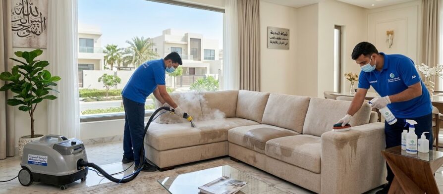 خبراء شركة تنظيف كنب في القرائن يقومون بعملية غسيل عميق وتعقيم لأطقم الجلوس باستخدام ماكينات البخار المتطورة لإزالة البقع.