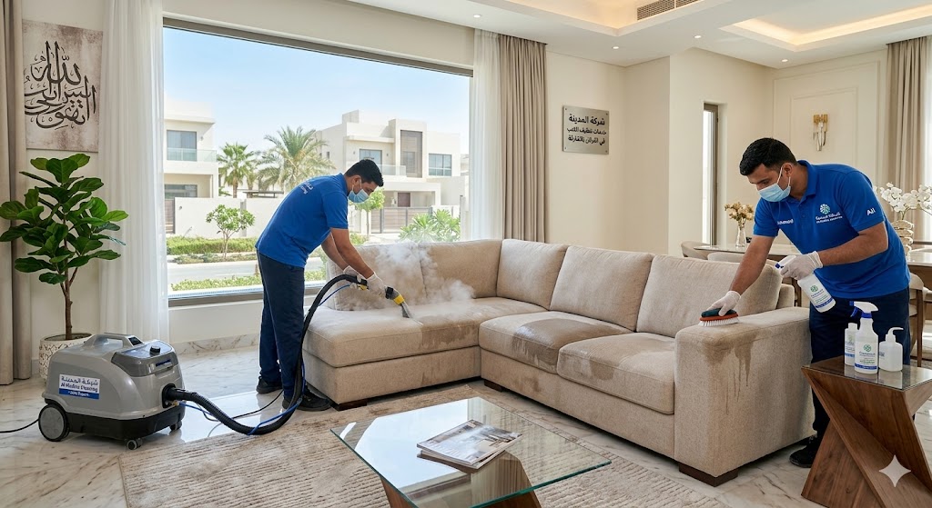 خبراء شركة تنظيف كنب في القرائن يقومون بعملية غسيل عميق وتعقيم لأطقم الجلوس باستخدام ماكينات البخار المتطورة لإزالة البقع.