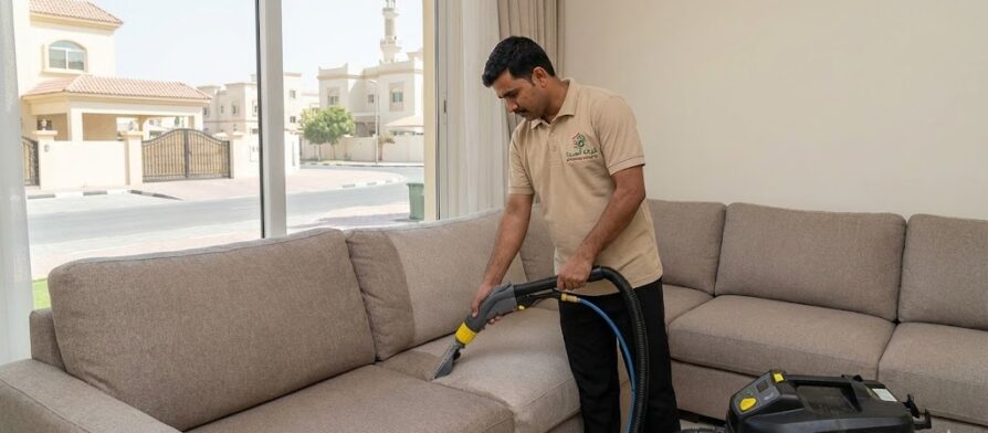 فني محترف من شركة المدينة يقوم بغسيل وتعقيم كنب باستخدام ماكينة متطورة، كأفضل شركة تنظيف كنب في الرماقية.