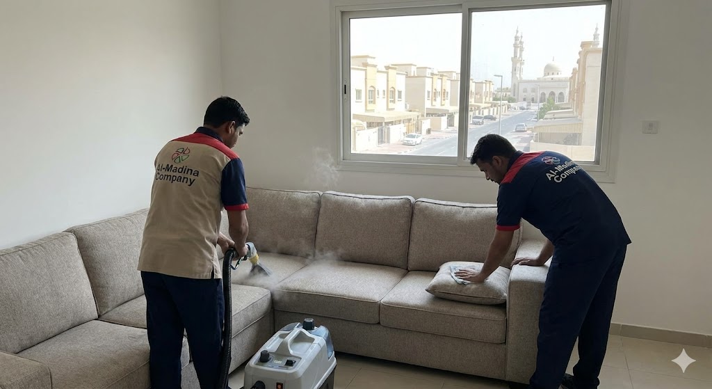 فريق عمل شركة المدينة يقوم بتعقيم وغسيل كنب زاوية بالبخار، كأفضل شركة تنظيف كنب في الرقعة الحمراء.