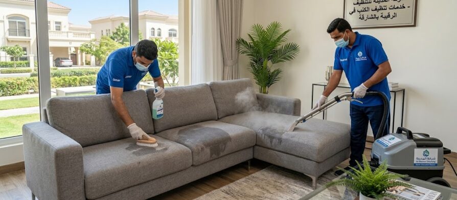 فريق عمل شركة تنظيف كنب في الرقيبة أثناء القيام بعملية غسيل عميق للأرائك والمجالس باستخدام تقنيات البخار والتعقيم وإزالة التصبغات.
