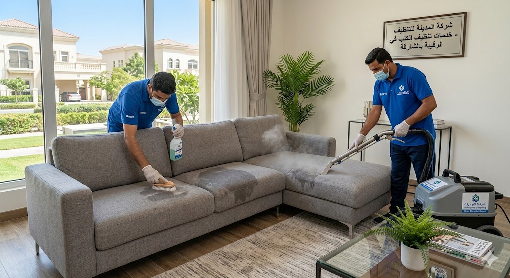 فريق عمل شركة تنظيف كنب في الرقيبة أثناء القيام بعملية غسيل عميق للأرائك والمجالس باستخدام تقنيات البخار والتعقيم وإزالة التصبغات.