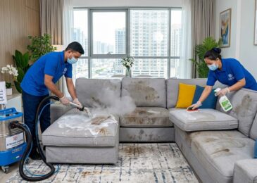 فريق عمل شركة تنظيف كنب في كشيشة يقوم بغسيل وتعقيم أريكة وإزالة البقع العميقة منها باستخدام ماكينة التنظيف بالبخار.