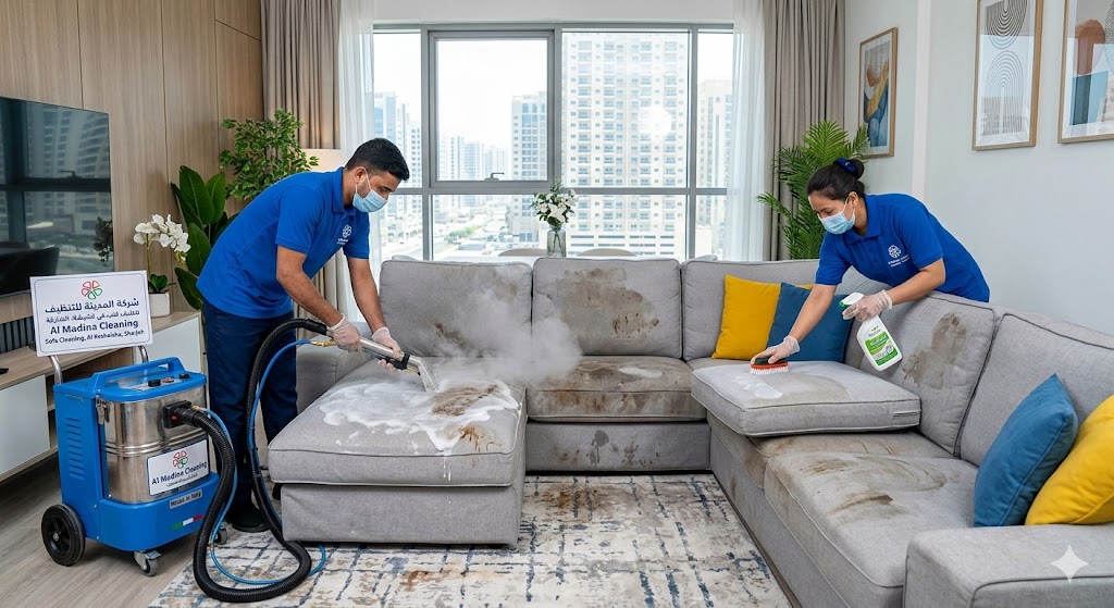 فريق عمل شركة تنظيف كنب في كشيشة يقوم بغسيل وتعقيم أريكة وإزالة البقع العميقة منها باستخدام ماكينة التنظيف بالبخار.