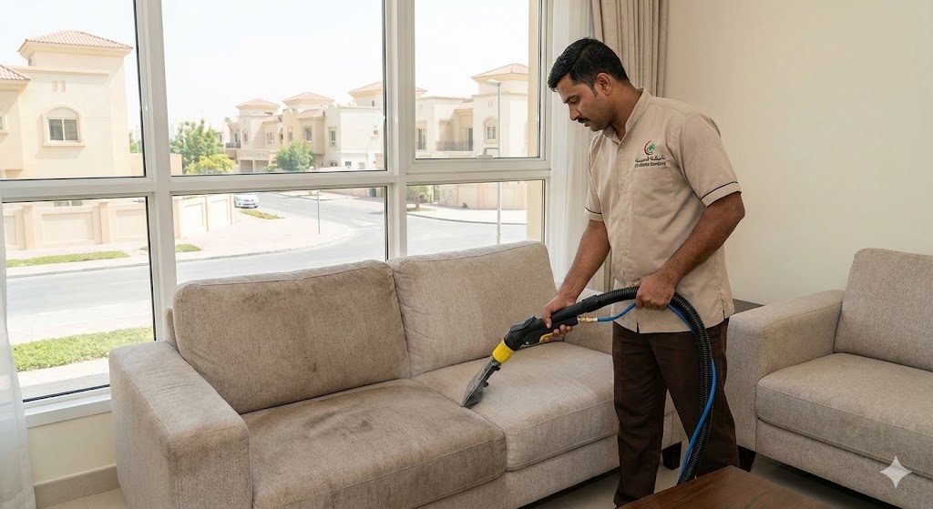 فني محترف من شركة المدينة أفضل شركة تنظيف كنب في موافجة يقوم بغسيل الأثاث المنجد باستخدام ماكينة التنظيف العميق.