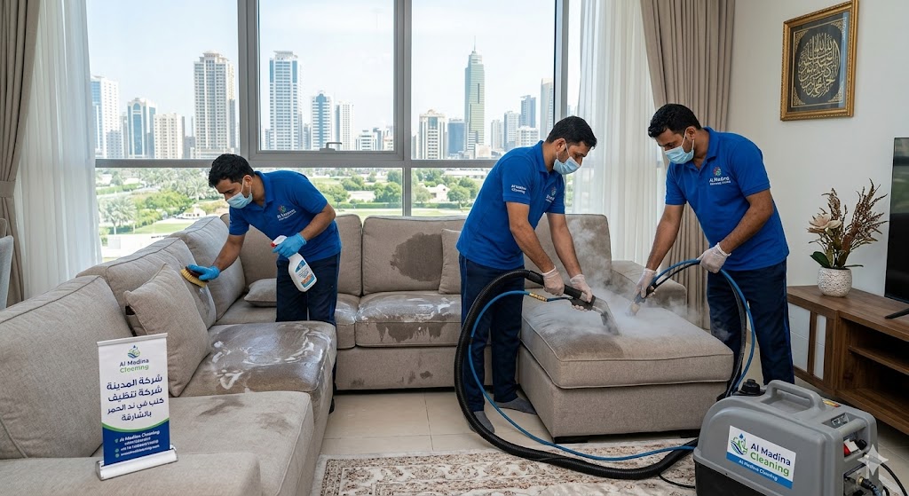 فريق عمل شركة تنظيف كنب في ند الحمر يستخدم أجهزة البخار المتطورة لغسيل وتعقيم الأرائك والمجالس وإزالة البقع العنيدة.