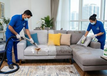 فريق عمل شركة تنظيف كنب في شغرافة يقومون بغسيل وتعقيم أريكة وإزالة البقع منها باستخدام أحدث معدات التنظيف بالبخار.