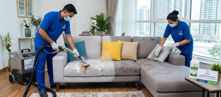 فريق عمل شركة تنظيف كنب في شغرافة يقومون بغسيل وتعقيم أريكة وإزالة البقع منها باستخدام أحدث معدات التنظيف بالبخار.