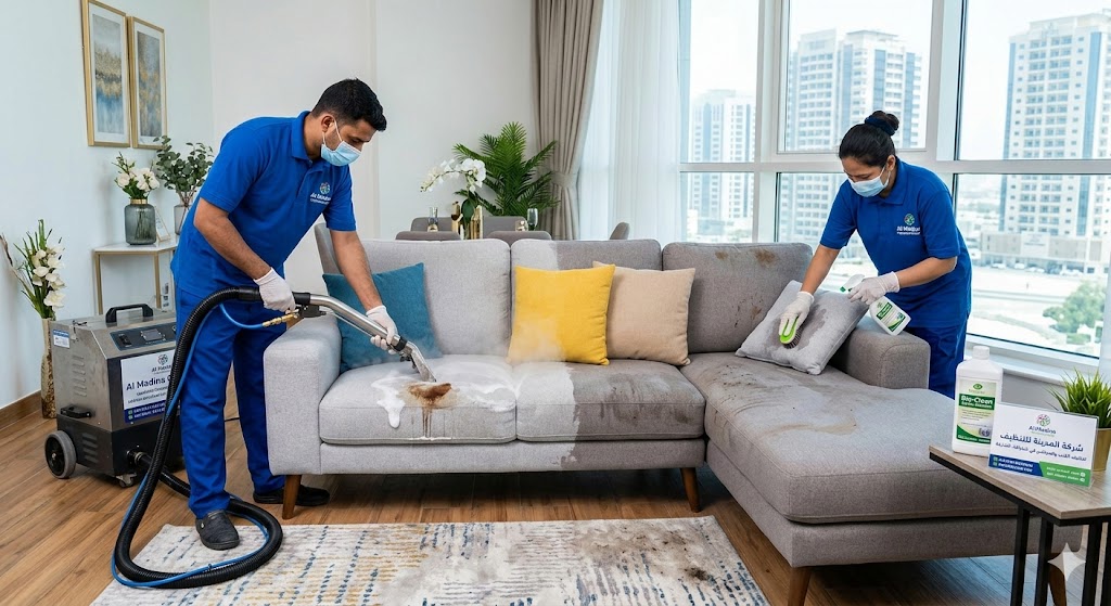 فريق عمل شركة تنظيف كنب في شغرافة يقومون بغسيل وتعقيم أريكة وإزالة البقع منها باستخدام أحدث معدات التنظيف بالبخار.