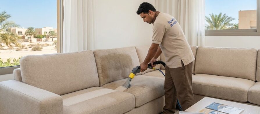 فني محترف من شركة تنظيف كنب في الظفرة يرتدي زي شركة المدينة ويستخدم ماكينة التنظيف بالحقن والاستخلاص لإزالة البقع من كنب بيج كبير في صالة منزل فاخر تطل نوافذه على أشجار النخيل.