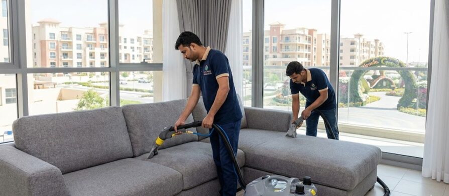 فريق شركة المدينة يقوم بتنظيف كنب بالبخار في شقة سكنية تطل على معالم المنطقة، بصفتها أفضل شركة تنظيف كنب في أرجان دبي.