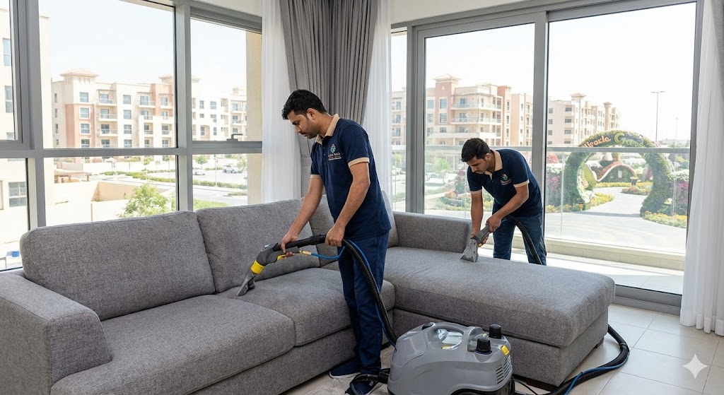 فريق شركة المدينة يقوم بتنظيف كنب بالبخار في شقة سكنية تطل على معالم المنطقة، بصفتها أفضل شركة تنظيف كنب في أرجان دبي.