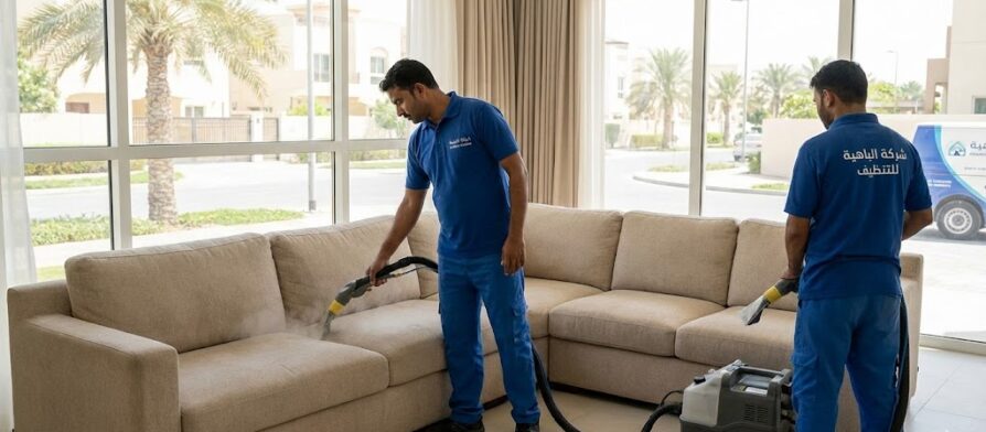 فريق عمل محترف يرتدي زياً أزرق موحد يقوم بعملية غسيل وتنظيف كنب بالبخار لإزالة البقع داخل فيلا سكنية مضيئة، مما يمثل خدمات شركة تنظيف كنب في الباهية.