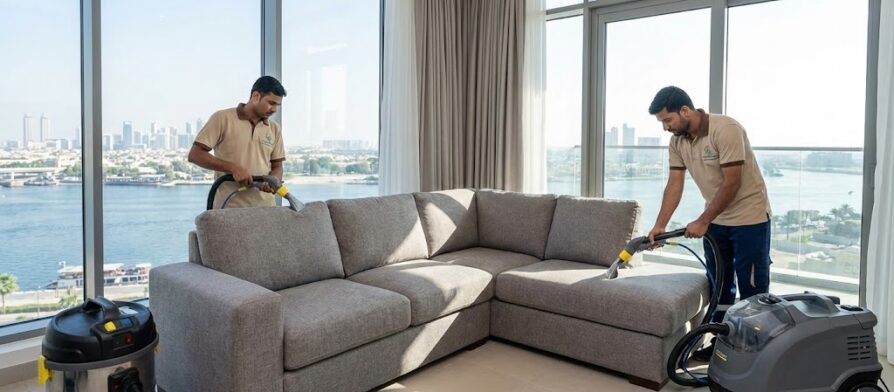 فريق شركة المدينة ينظف كنب بالبخار في شقة تطل على خور دبي، بصفتها أفضل شركة تنظيف كنب في الجداف للمنازل الراقية.