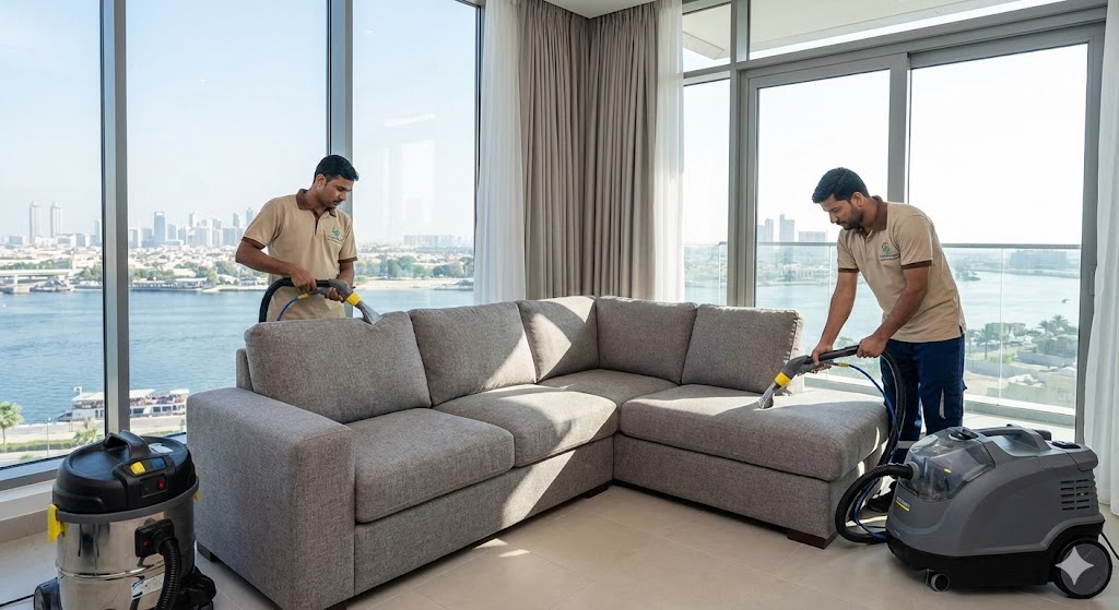 فريق شركة المدينة ينظف كنب بالبخار في شقة تطل على خور دبي، بصفتها أفضل شركة تنظيف كنب في الجداف للمنازل الراقية.