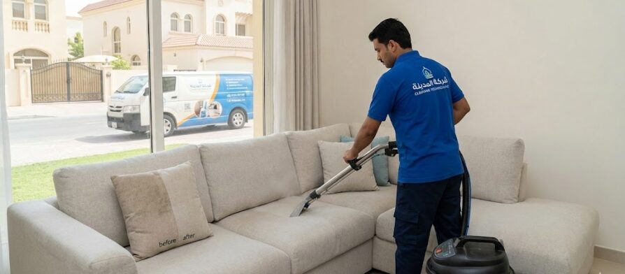 عامل محترف من أفضل شركة تنظيف كنب في الجزات يقوم بالغسيل العميق للأرائك وإزالة البقع باستخدام أحدث أجهزة الشفط والتنظيف.