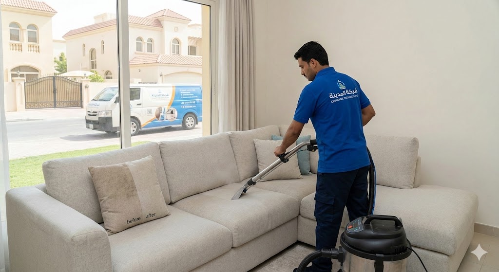 عامل محترف من أفضل شركة تنظيف كنب في الجزات يقوم بالغسيل العميق للأرائك وإزالة البقع باستخدام أحدث أجهزة الشفط والتنظيف.