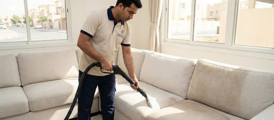 عامل محترف من شركة المدينة أفضل شركة تنظيف كنب في الحومة يقوم بغسيل كنب فاتح اللون باستخدام ماكينة البخار.