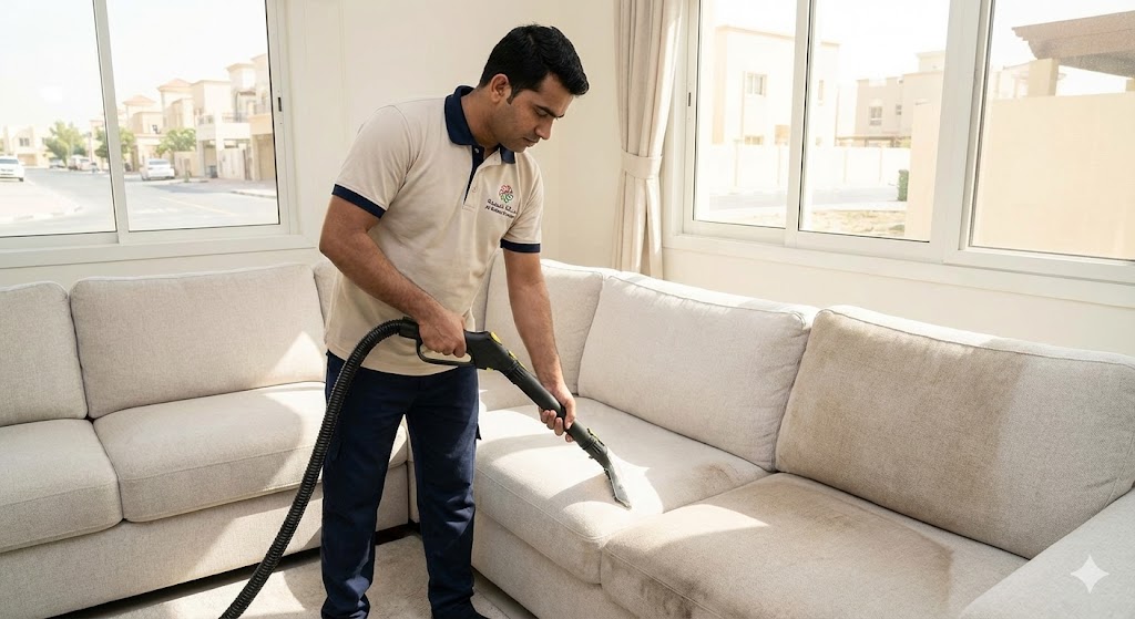 عامل محترف من شركة المدينة أفضل شركة تنظيف كنب في الحومة يقوم بغسيل كنب فاتح اللون باستخدام ماكينة البخار.