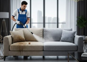 فني من شركة تنظيف كنب في الخالدية يستخدم أجهزة البخار الحديثة لإزالة البقع الصعبة من كنب قماش رمادي مع إظهار الفرق قبل وبعد التنظيف في منزل عصري بالشارقة.