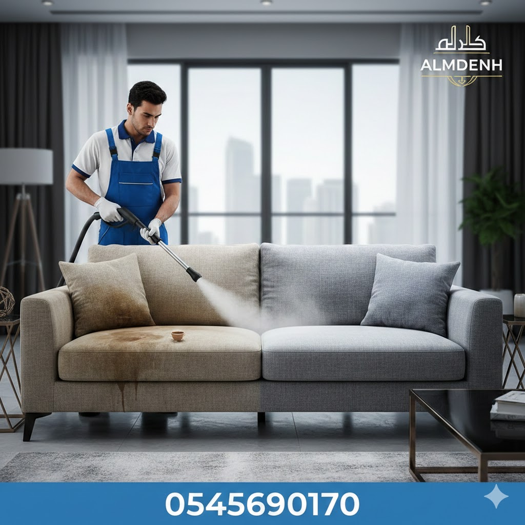 فني من شركة تنظيف كنب في الخالدية يستخدم أجهزة البخار الحديثة لإزالة البقع الصعبة من كنب قماش رمادي مع إظهار الفرق قبل وبعد التنظيف في منزل عصري بالشارقة.