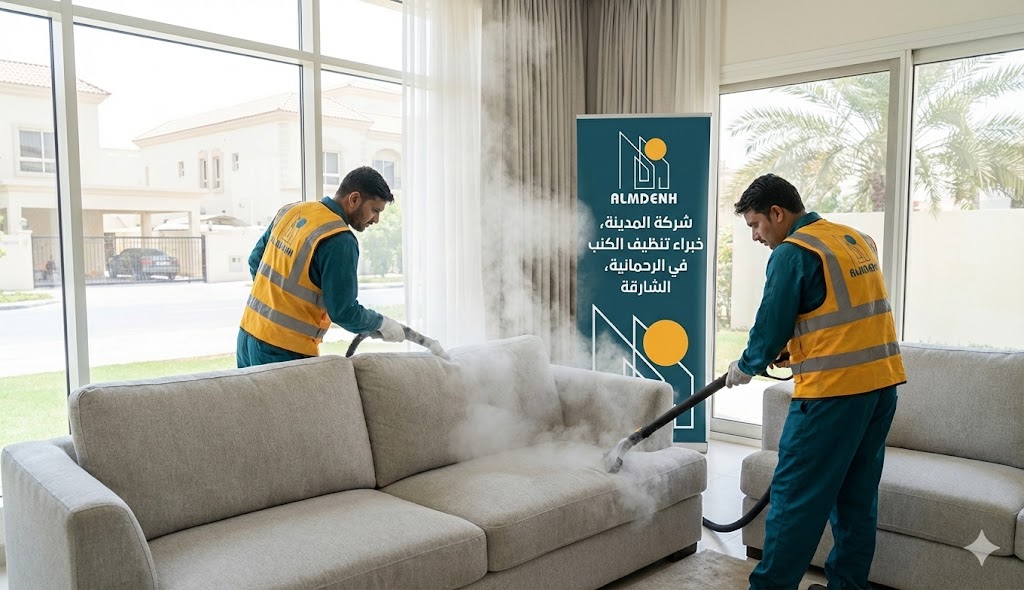 عمال شركة المدينة، بصفتها شركة تنظيف كنب في الرحمانية بالشارقة، يقومون بتنظيف كنب فاتح اللون بالبخار داخل فيلا، مع ظهور لافتة تحمل الهوية البصرية للشركة.