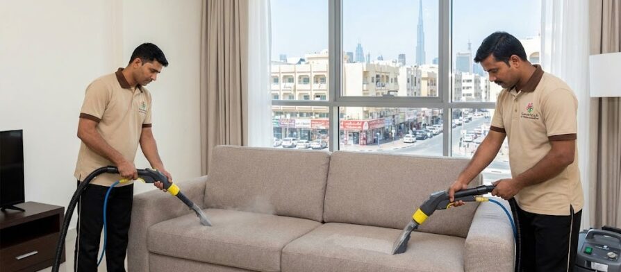 فريق شركة المدينة ينظف كنب بالبخار في شقة تطل على شوارع السطوة وبرج خليفة، بصفتها أفضل شركة تنظيف كنب في السطوة بدبي.