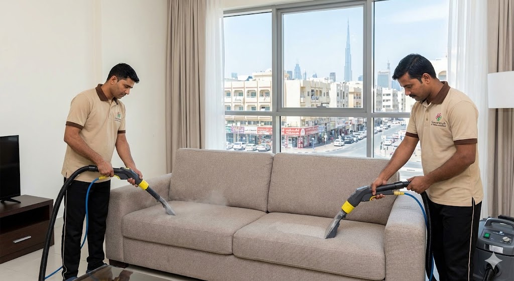 فريق شركة المدينة ينظف كنب بالبخار في شقة تطل على شوارع السطوة وبرج خليفة، بصفتها أفضل شركة تنظيف كنب في السطوة بدبي.