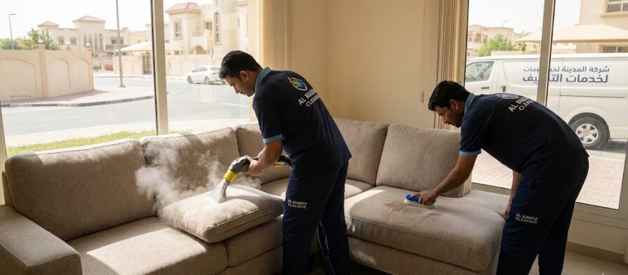 عمال شركة المدينة أثناء تنظيف وتعقيم الكنب الفاتح بالبخار، كأفضل شركة تنظيف كنب في الشرقان.