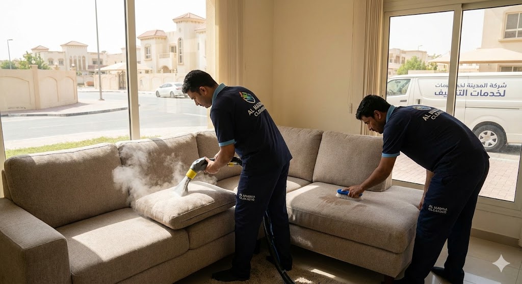 عمال شركة المدينة أثناء تنظيف وتعقيم الكنب الفاتح بالبخار، كأفضل شركة تنظيف كنب في الشرقان.