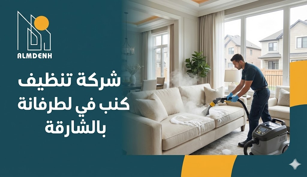 فني متخصص يستخدم جهاز تنظيف بالبخار لغسيل أريكة بيضاء، في صورة إعلانية لخدمات شركة تنظيف كنب في الطرفانة.