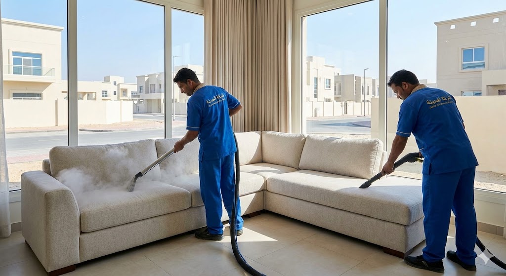 فريق عمل شركة المدينة بزي موحد يقوم بغسيل طقم كنب زاوية بالبخار داخل فيلا حديثة، مما يبرز خدمات أفضل شركة تنظيف كنب في العالية للتعقيم وإزالة البقع.
