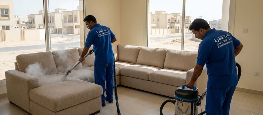 فريق عمل متخصص يقوم بغسيل وتعقيم طقم كنب بالبخار داخل فيلا سكنية حديثة، مما يبرز خدمات أفضل شركة تنظيف كنب في العامرة بعجمان.