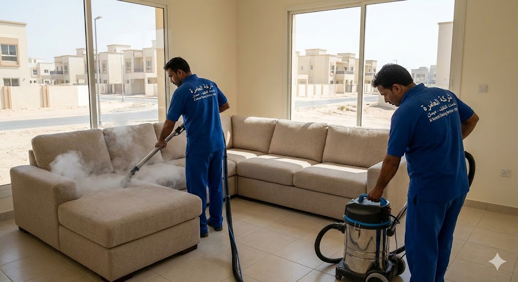 فريق عمل متخصص يقوم بغسيل وتعقيم طقم كنب بالبخار داخل فيلا سكنية حديثة، مما يبرز خدمات أفضل شركة تنظيف كنب في العامرة بعجمان.