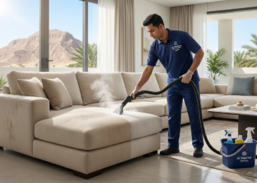 عامل من شركة تنظيف كنب في العين يستخدم جهاز البخار لإزالة البقع من أريكة متسخة في غرفة معيشة مضيئة مع إطلالة على جبل جبل حفيت وأشجار النخيل.