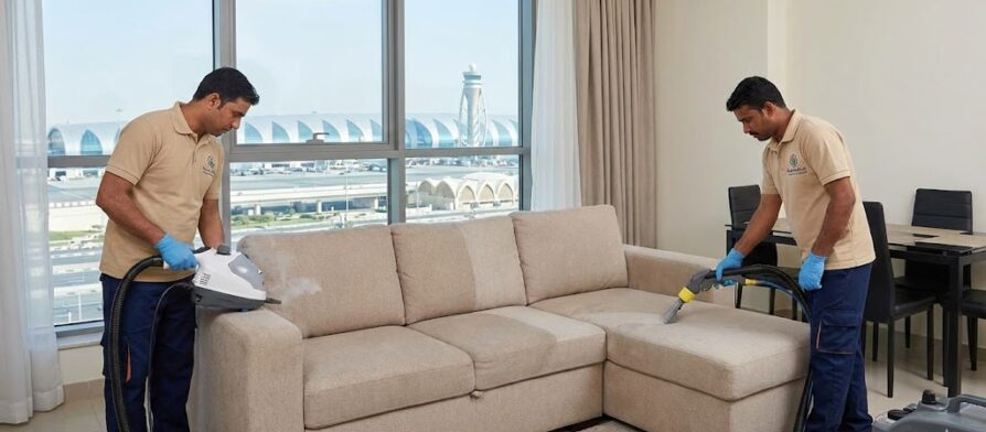 فريق شركة المدينة يستخدم أجهزة البخار الحديثة لغسيل الأريكة، بصفتها أفضل شركة تنظيف كنب في القرهود بدبي بالقرب من المطار.